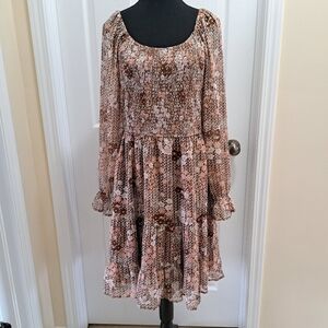 Long Sleeve Floral Smocked Waist Dress Womens Large Pink Brown Boho Flowy Light
